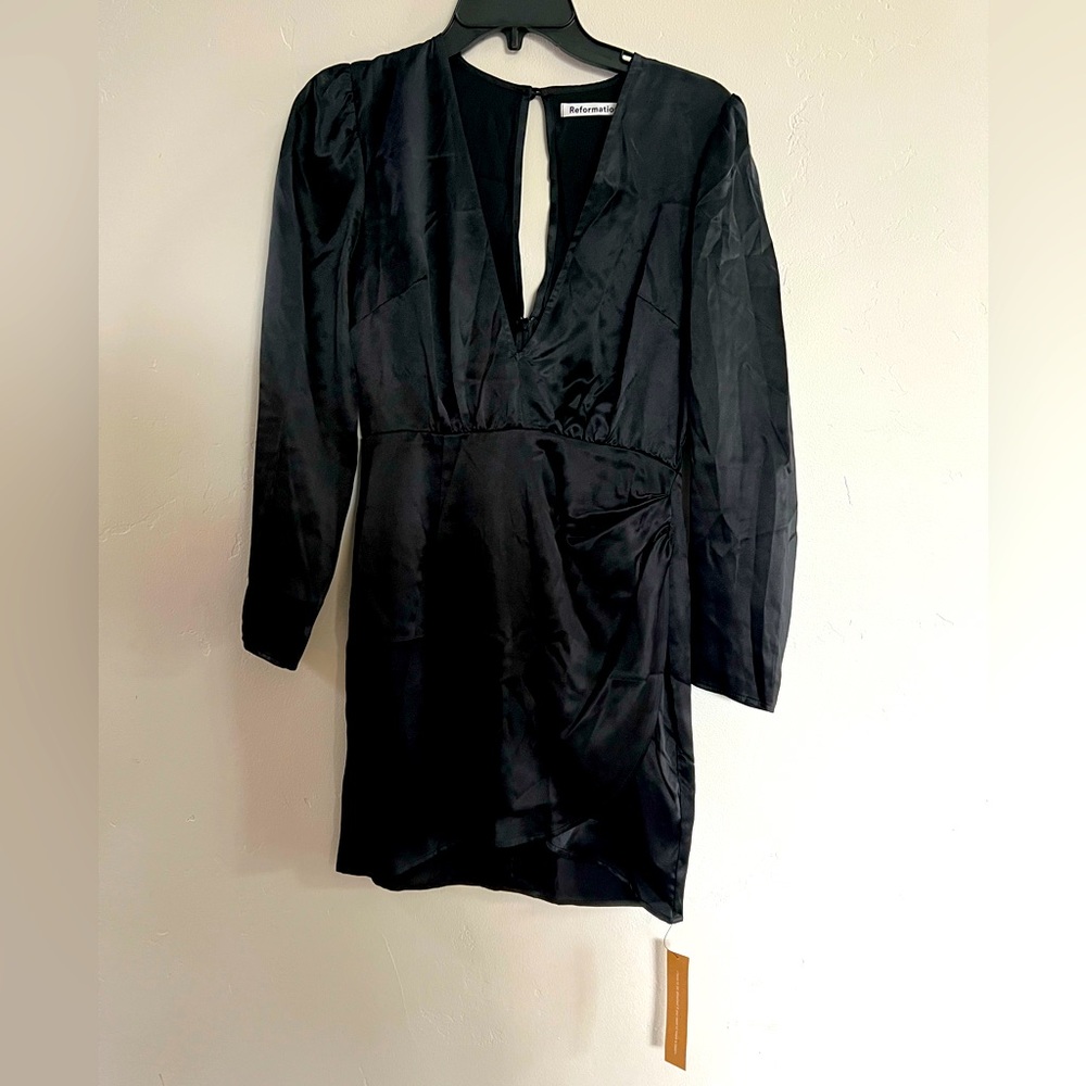 Reformation - Black, silk, plunge neck, mini dress - Sz 2